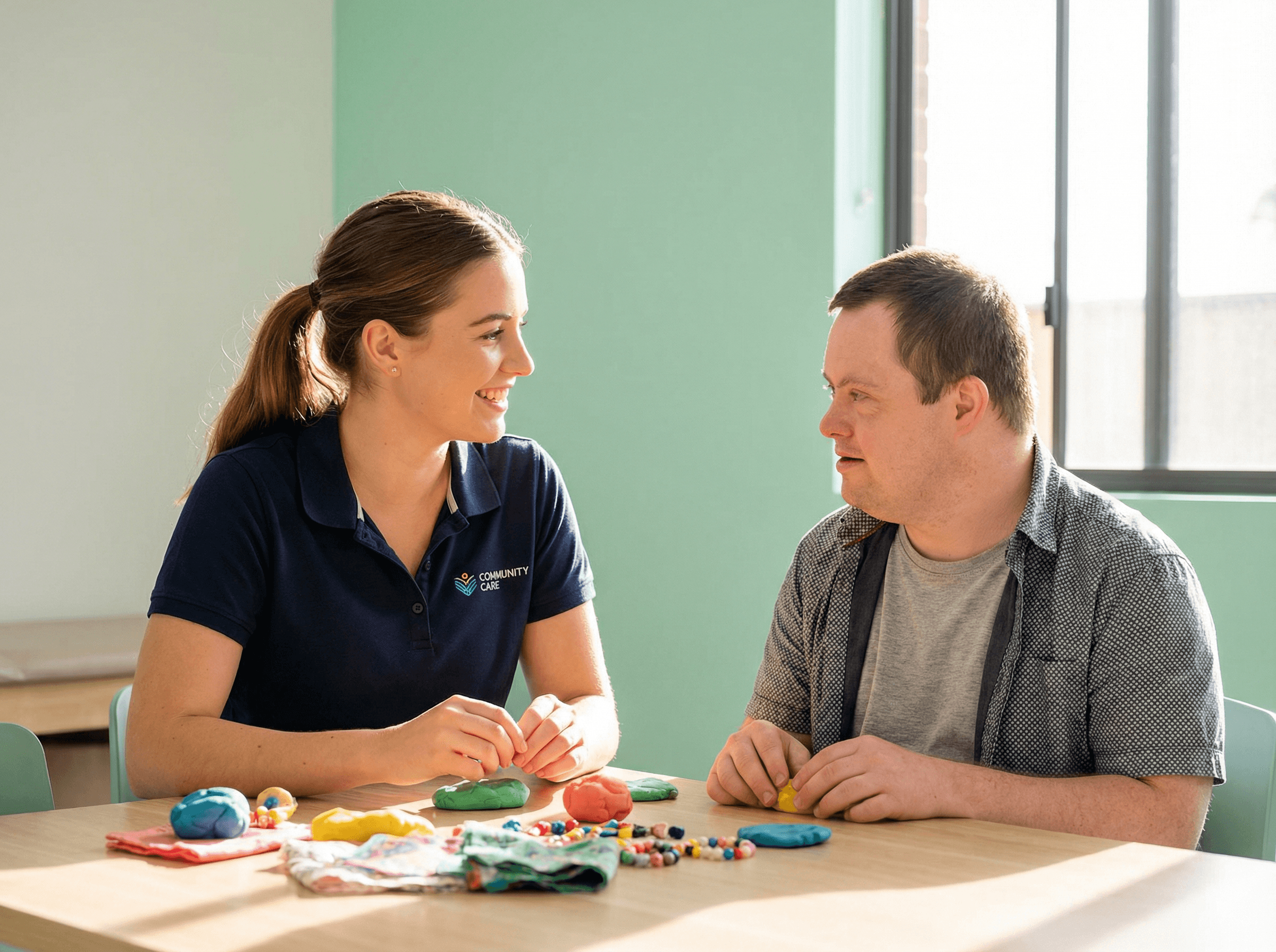 Care worker warmly assisting a participant